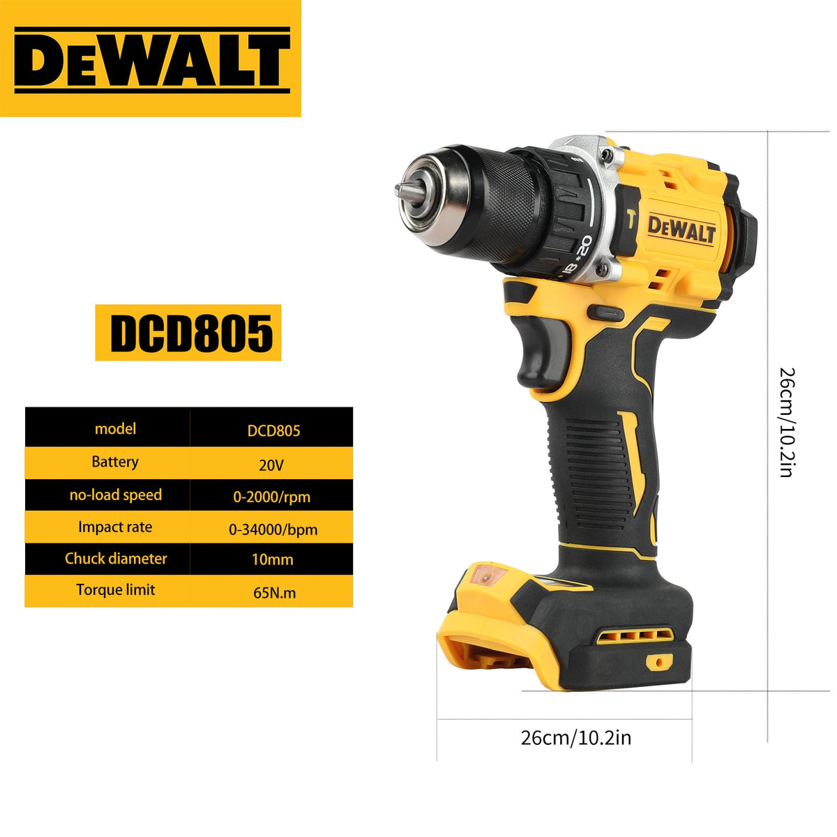 DeWALT DCD805 20V Cordless Combi Hammer, Electric Brushless Drill Body Only